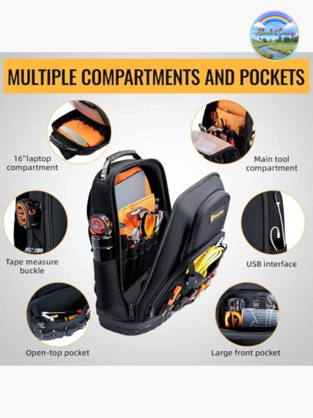 Heavy Duty Tool Backpack, Waterproof Oxford Fabric with Plastic Base, 44